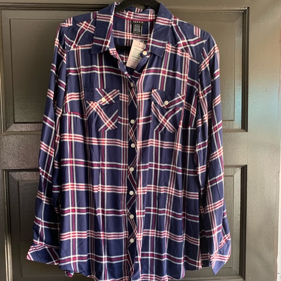 Torrid Plaid Button Down Camp Shirt - blue/red/white NWT -size 1 (14/16) - Picture 1 of 4
